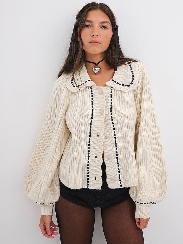Victoria's Secret, For Love & Lemons Jade Cardigan, Cream, onModelFront, 1 of 5
